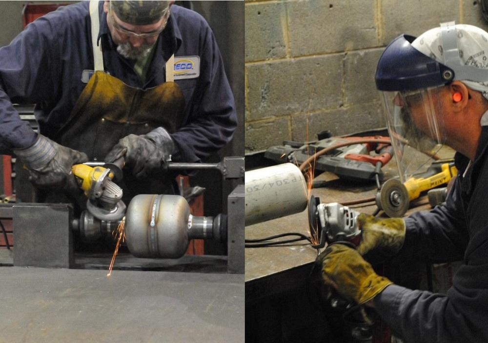 Using a grinding wheel to prepare for a weld