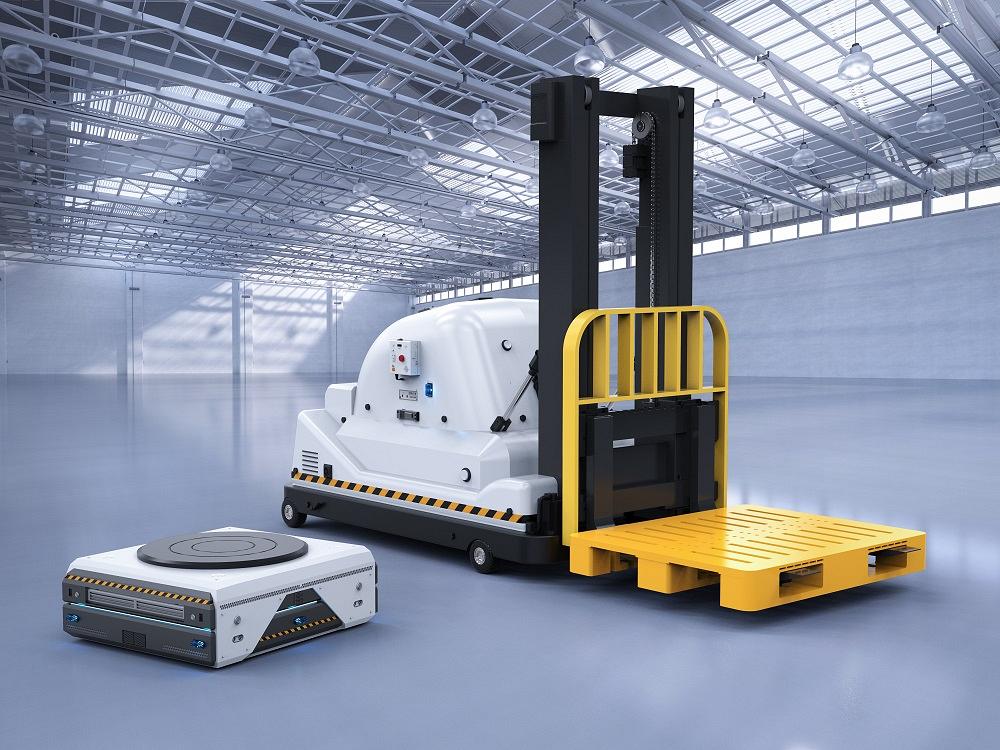 A mobile robot has a forklift attached to it.