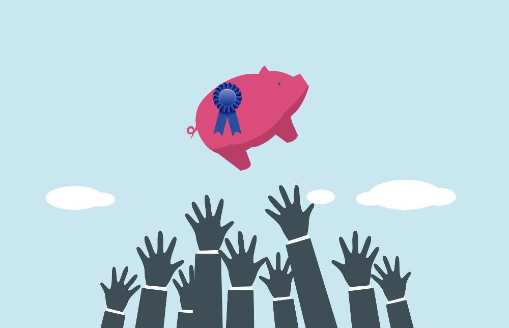 business leaders reaching for blue ribbon pig