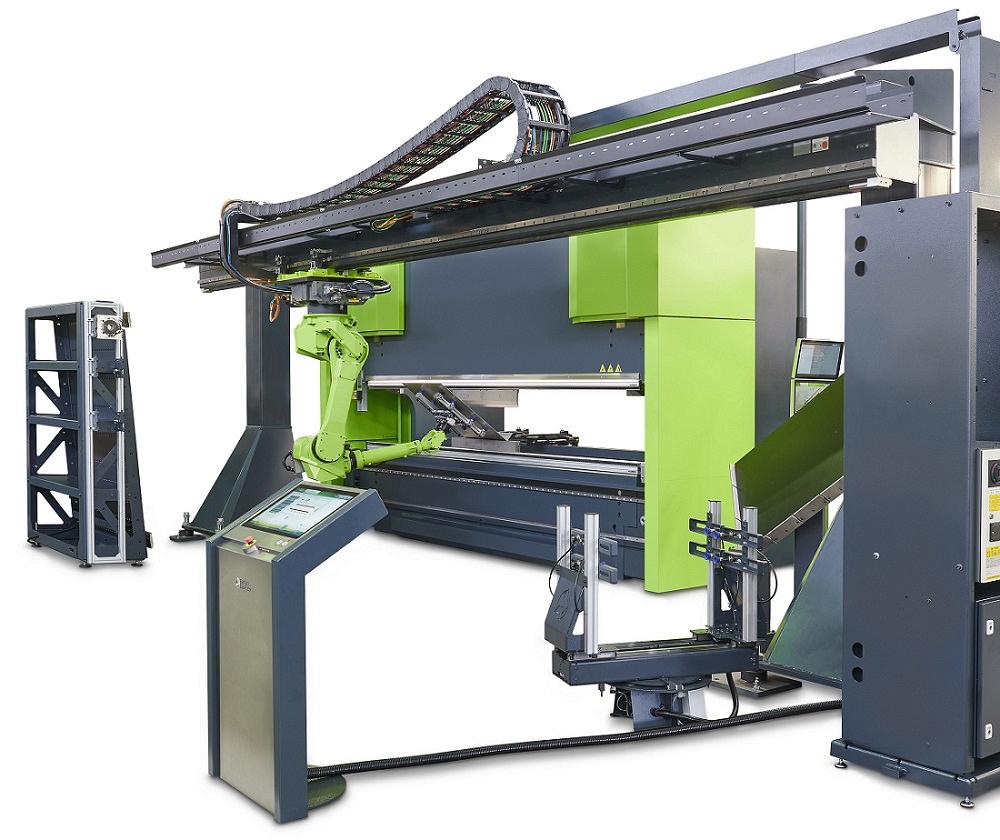 An automated press brake cell has an overhead gantry from which the robot hangs.