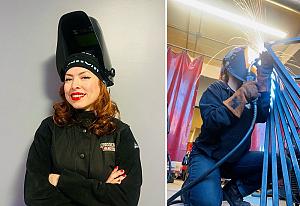 part presentation & lean manufacturing Desirée Guzmán poses and welds.