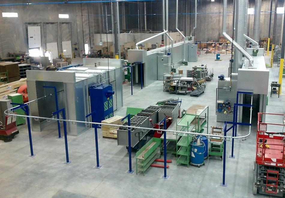A powder coating system has a large footprint.
