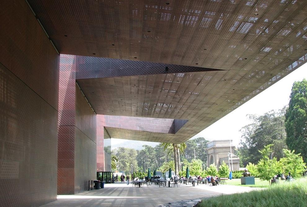 The distinctive canopy covering the outdoor café at the M.H. de Young Memorial Museum is shown. 
