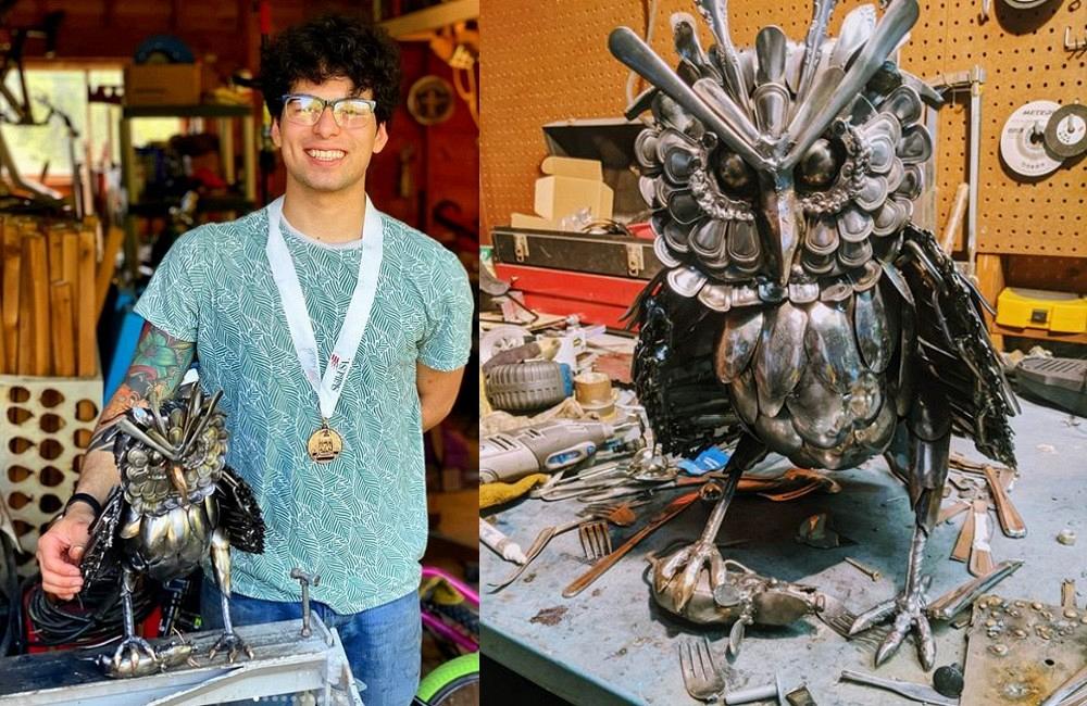 Metal artist with owl sculpture
