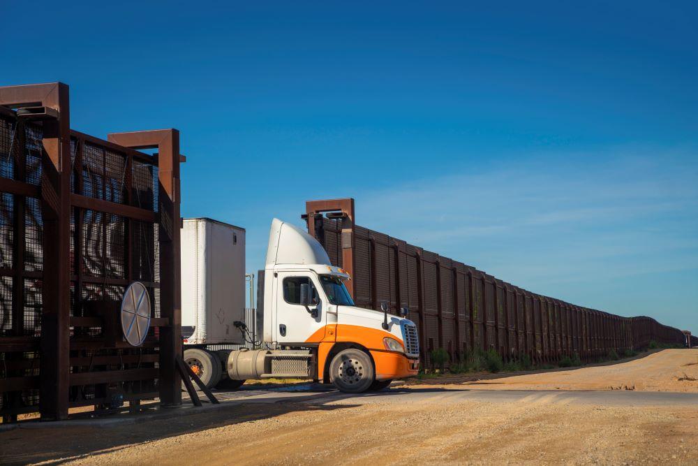 Semi-trucks awaiting inspection at the US-Mexico border
