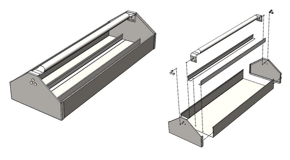 A tray assembly with separate end pieces requires welding.