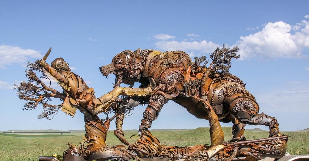 Cowboys, horses, bison, bears emerge from scrap metal