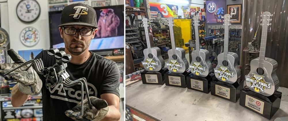 An artist shows his metal handiwork, including guitar-shaped metal trophies.