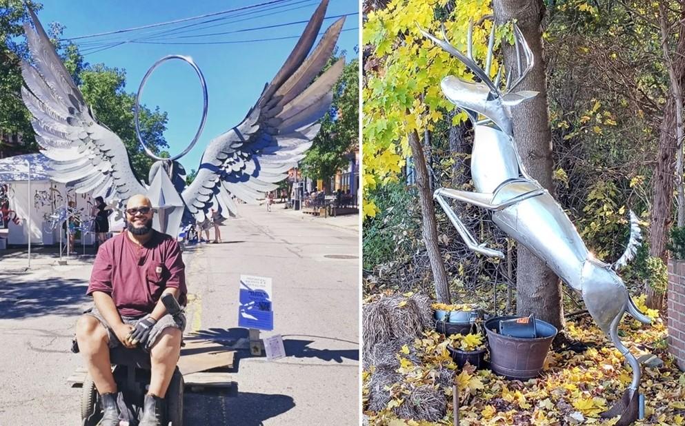A man sits in a wheelchair in front of a metal sculpture of a bird, and his metal sculpture of a deer is shown.