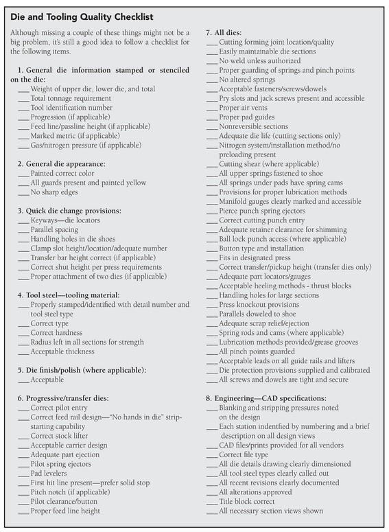 Simple Die Setup Process Checklist Die Science: The essential tooling checklist