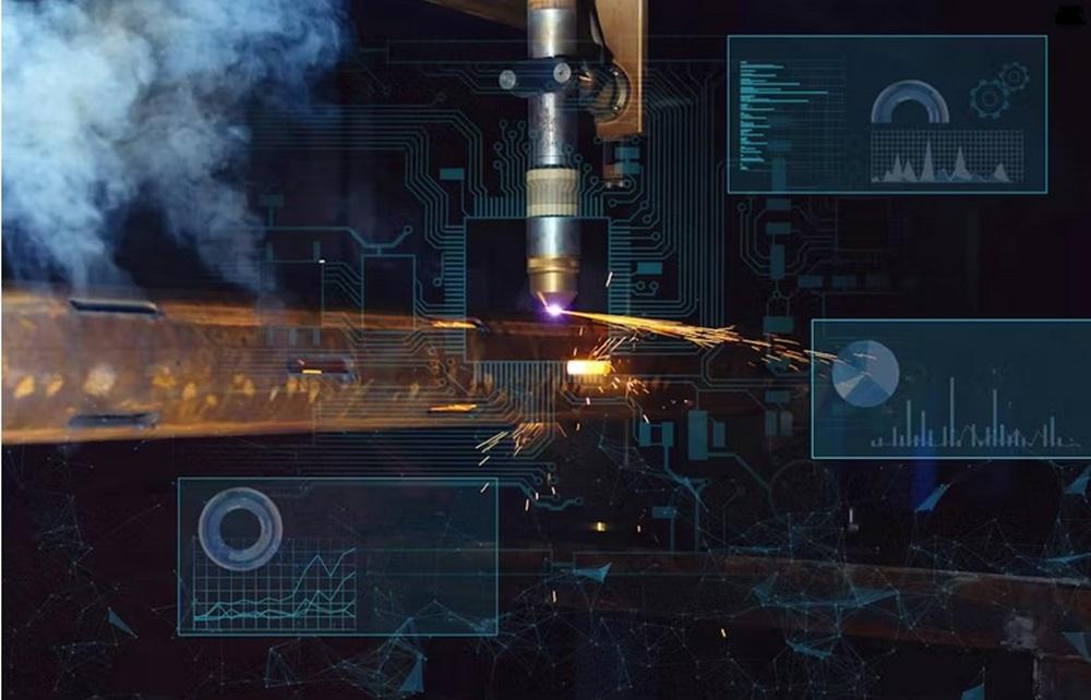 Faint graphs and charts are superimposed over a picture of a laser cutting metal.