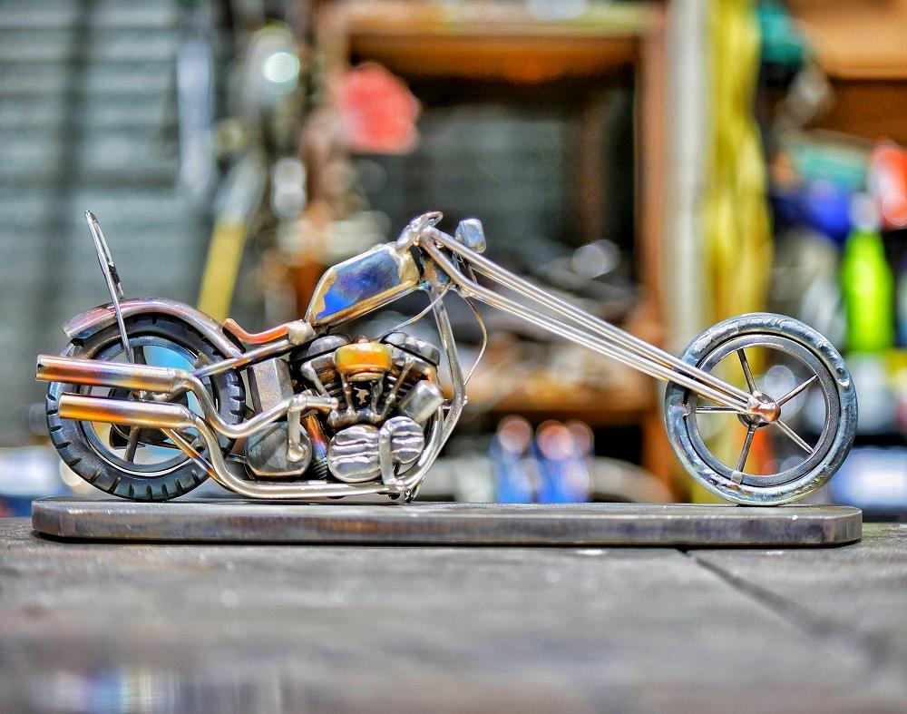 Metal sculpture of a chopper motorcycle