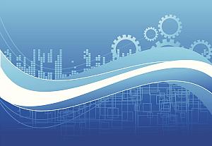 part presentation & lean manufacturing Una ola ilustrada se mueve contra un fondo de símbolos de fabricación digitales y del mundo real.