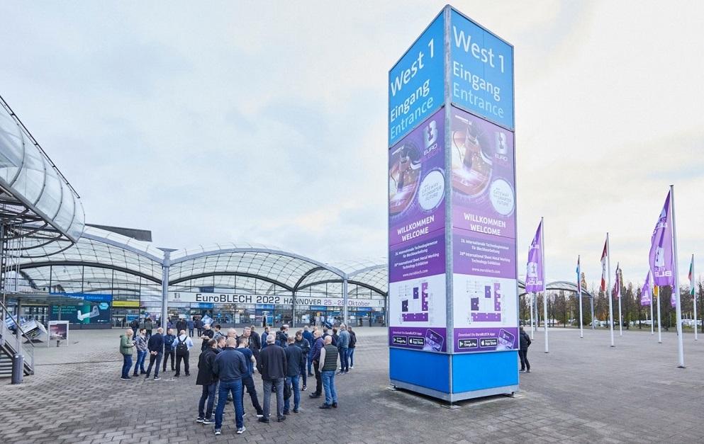 An entrance to the exhibition grounds in Hannover, Germany, is shown.