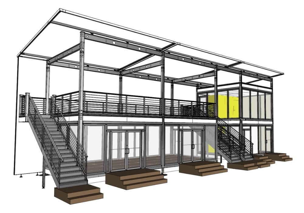 Graphic of stacked office space framed by metal tube