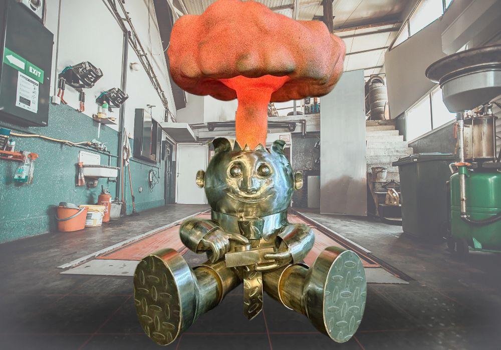 A metal sculpture of a child with a nuclear mushroom cloud emanating from his head is shown.