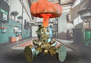 A metal sculpture of a child with a nuclear mushroom cloud emanating from his head is shown.