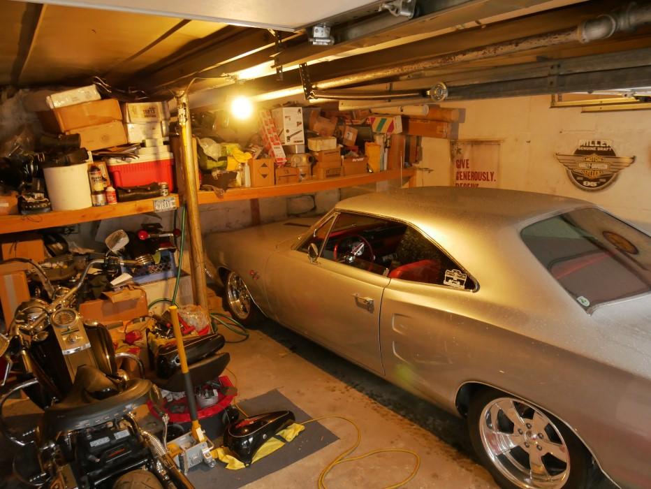 Custom built ’68 Dodge Coronet R/T in a garage