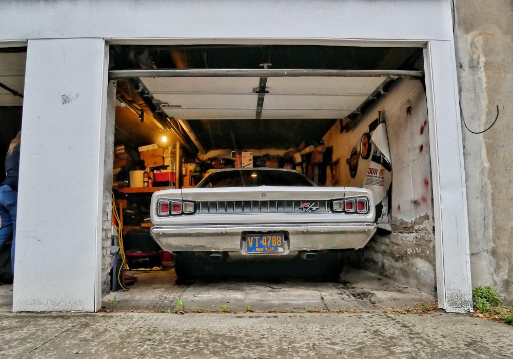Custom built ’68 Dodge Coronet R/T in a garage