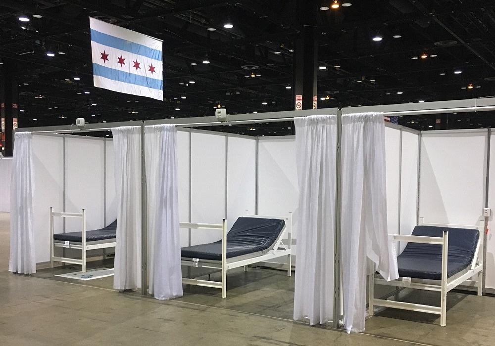 Beds lined up in Chicago's McCormick Place for COVID-19 treatment