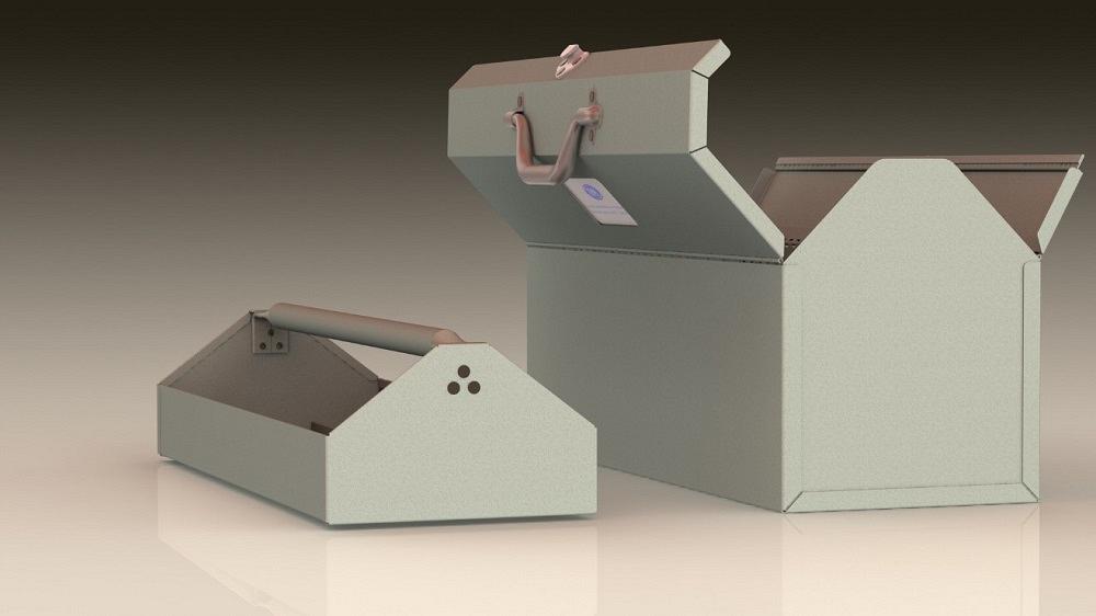 A tote box with lift-out tray features a bifolding latched lid and identity label.
