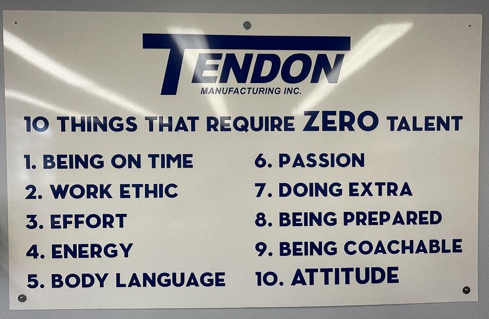 A sign at Tendon Mfg's job shop in Cleveland