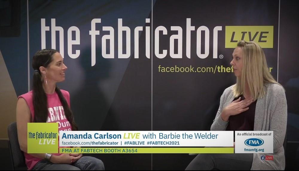 Screenshot of Barbie the Welder talking with Amanda Carlson