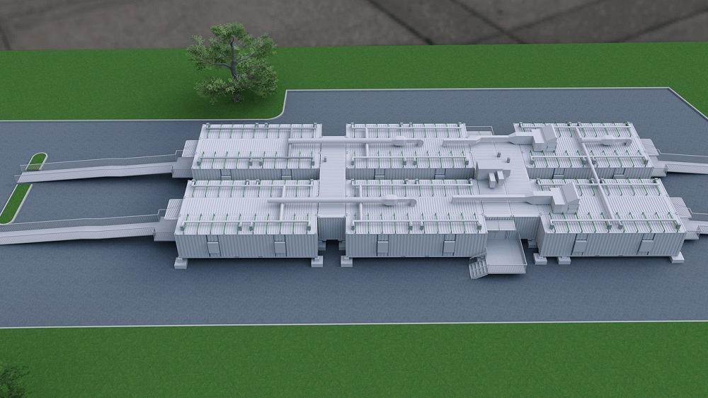 This computer rendering shows how shipping containers are used to create a hospital.