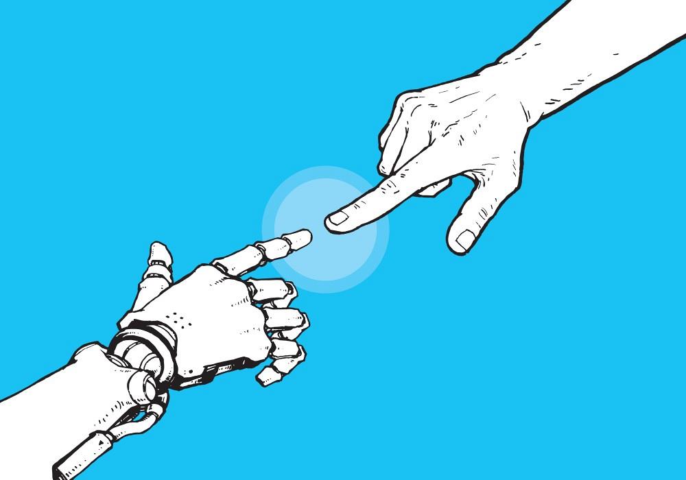 Hands of Robot and Human Touching illustration vector
