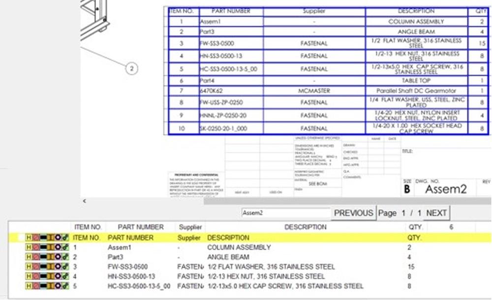 A parts list overview for a metalworking order is displayed.