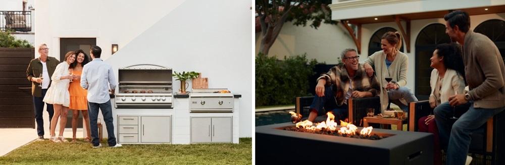 People stand around a grill and sit around a fire table.