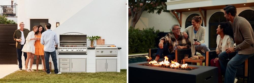 People stand around a grill and sit around a fire table.