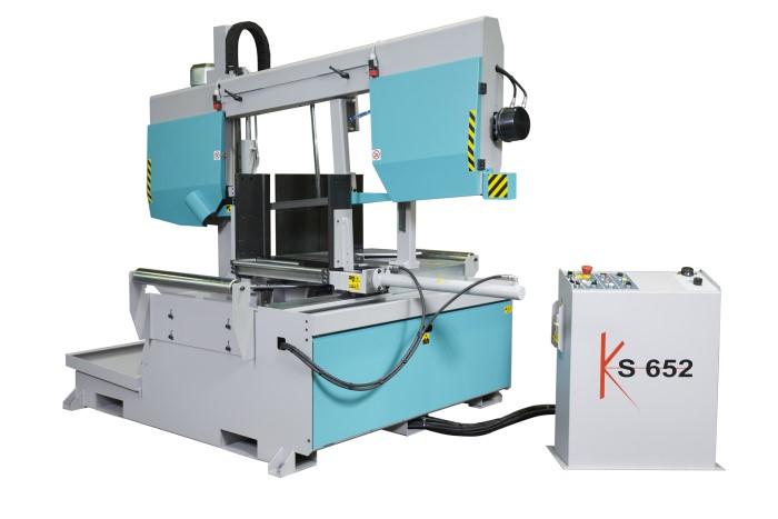 KS652 is a semiautomatic, double-column, canted-head band sawing machine