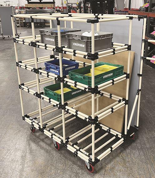 Kitting cart provides horizontal and vertical storage