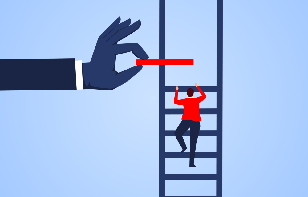 Illustration of entry-level worker trying to climb the company ladder