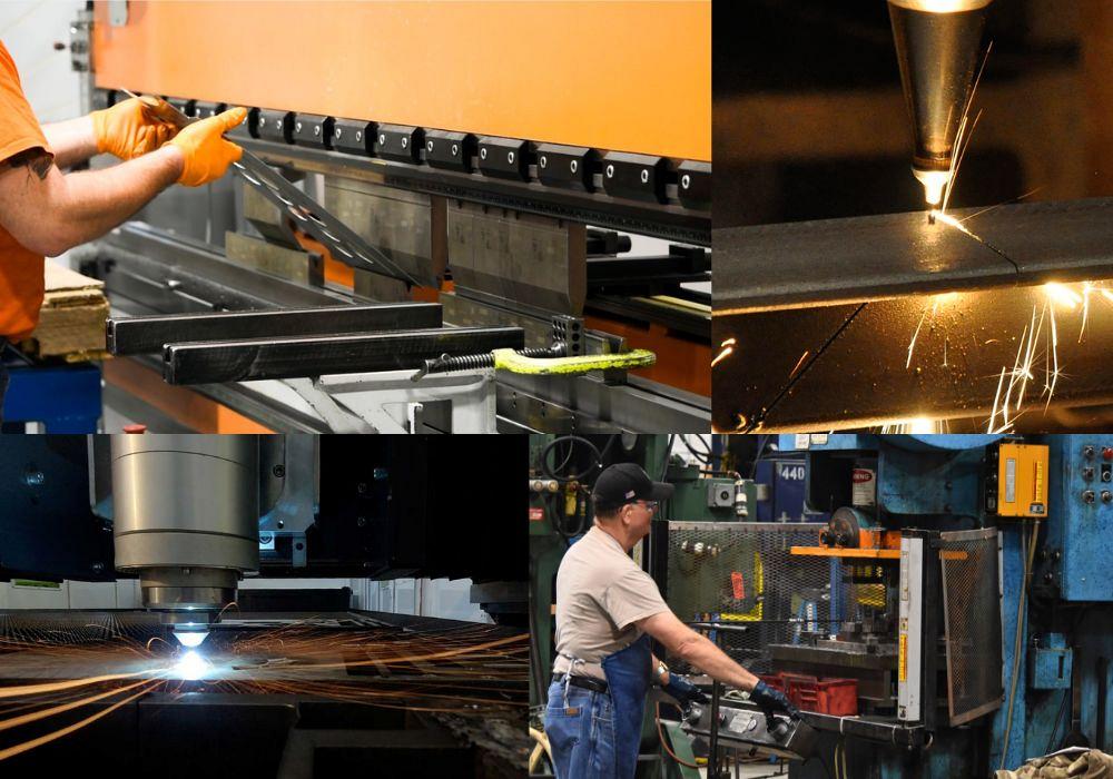 Four images show a person bending metal, a person at a stamping machine, and two lasers cutting metal.