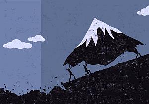 Illustration of businessmen moving a mountain uphill. 