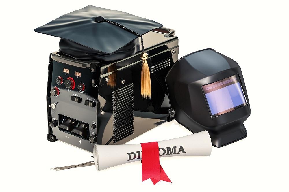 Welding machine and mask with trade school diploma