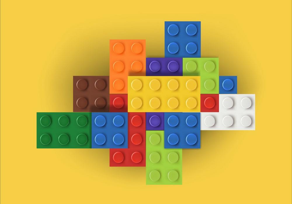 Vector illustration of colorful plastic bricks with assembly knots abstract build isolated on yellow