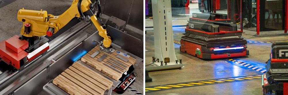 A robot arm tends to a machine, and an AGV moves across a factory floor