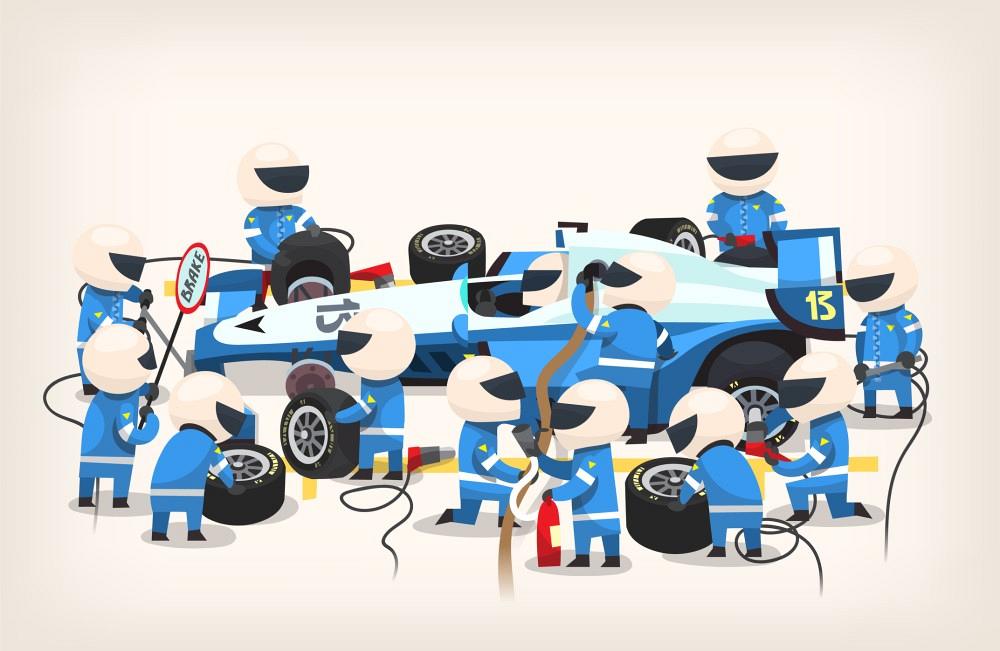 Colorful image with pit stop workers and engineers wearing blue uniform maintaining technical service for a racing car during competition event.