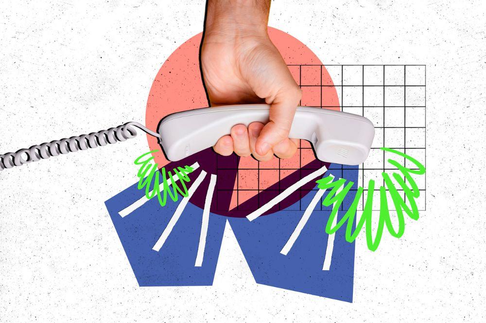 collage of hands hold telephone handset call communication wire noise scribble helpline isolated on painted background.