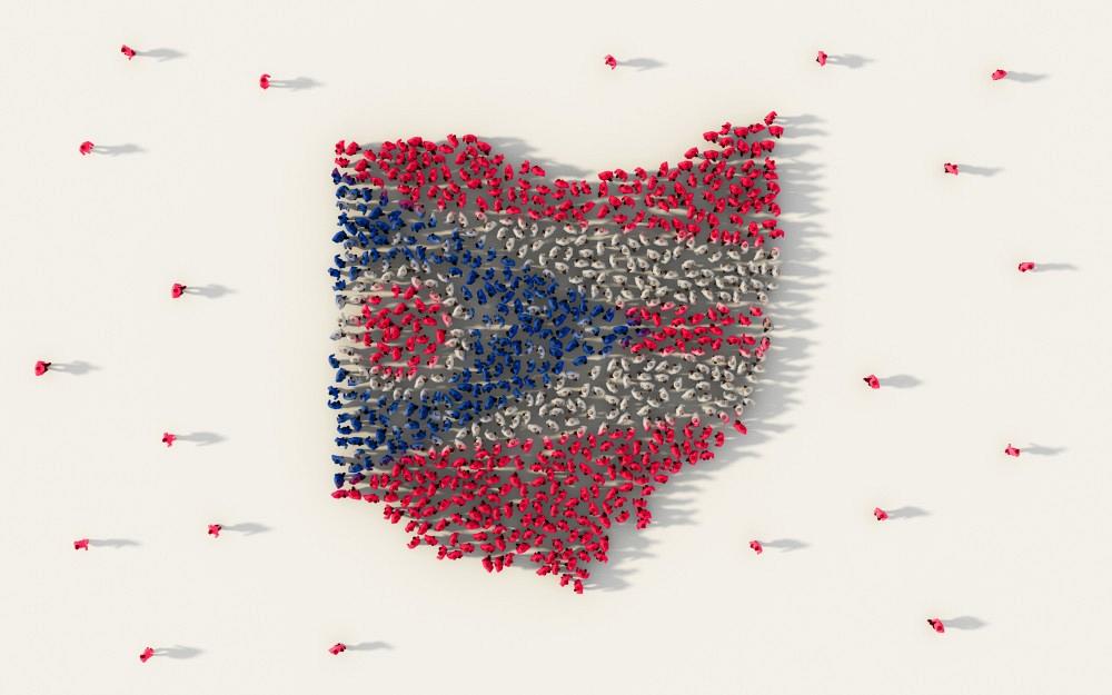 Large group of people forming Ohio flag map in The United States of America in social media and community concept on white background.