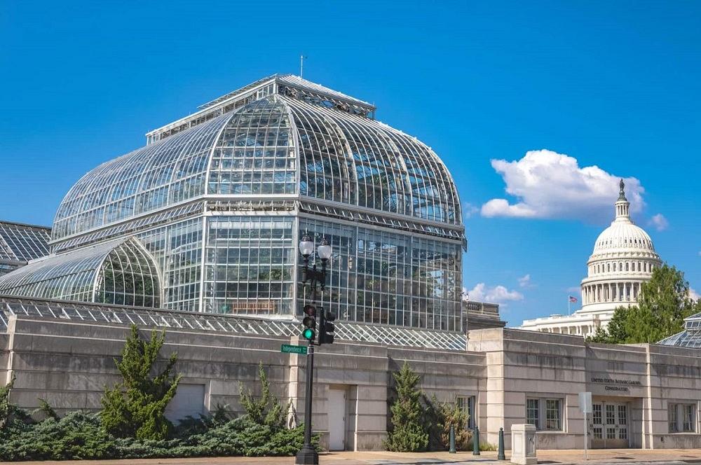 A glass and aluminum dome tops the U.S. Botanic Garden Conservatory.
