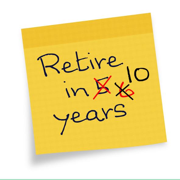 A sticky note with a reminder to retire in 10 years