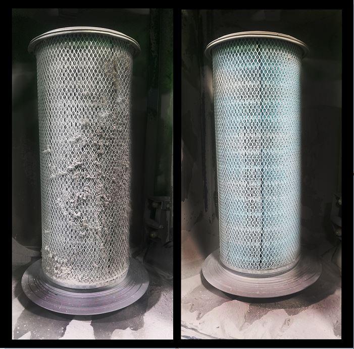 A dirty industrial filter is cleaned up.