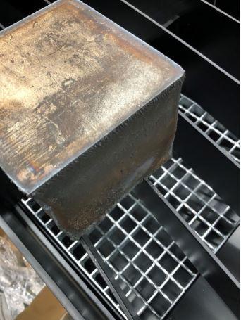 Plasma was used to cut this 5-in.-thick section of nonferrous material.