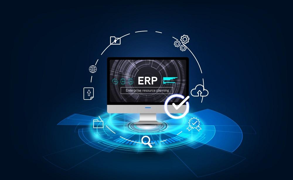 Business professional Enterprise resource planning ERP electronic account login secure connection for online HR management software solution with office desk background