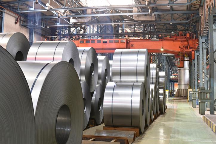 Steel coil is stored in a steel mill.