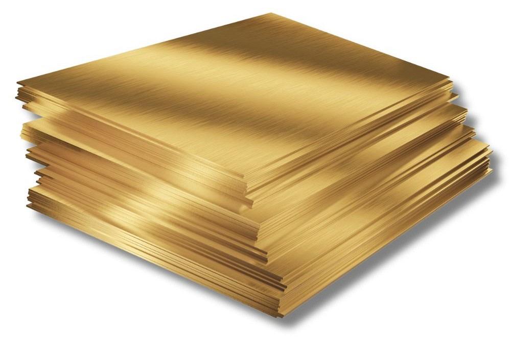 Brass sheets isolated on white background. Warehouse of rolled metal product. 